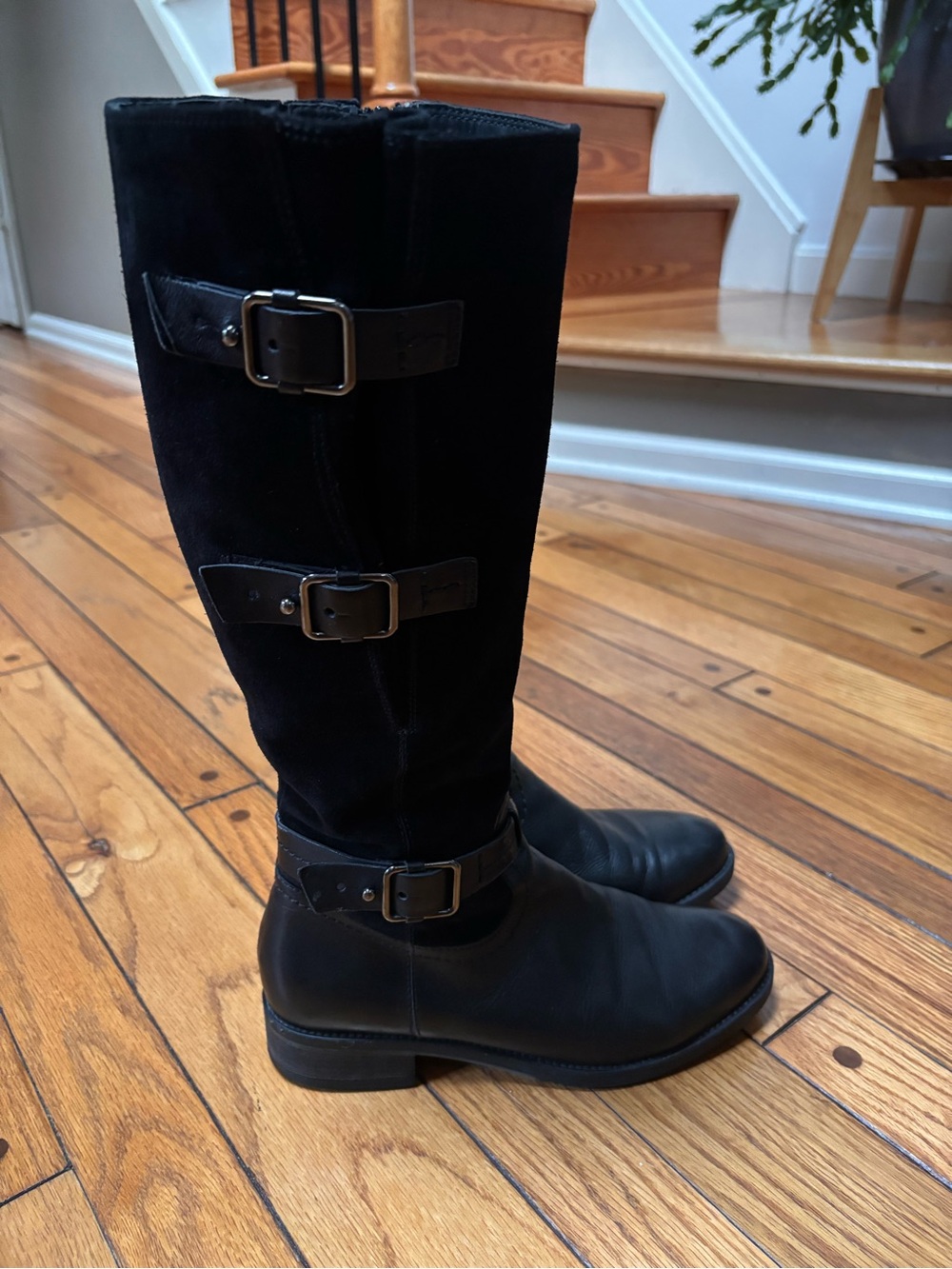 Clarks Black Leather & Suede Buckle Mid-Calf Heeled Boots